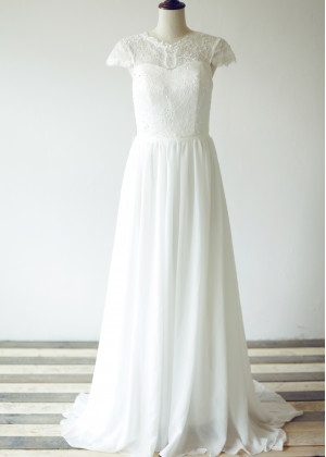 High Neckline Ivory Eyelash Lace Chiffon Sequined Sparkly Wedding Dress